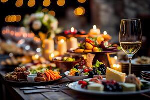 illustration of serving table of a variety of delicious festive food and wine prepared for event party or wedding. Selective focus photo