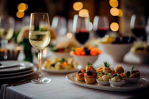 illustration of serving table of a variety of delicious festive food and wine prepared for event party or wedding. Selective focus photo