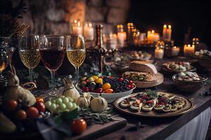 illustration of serving table of a variety of delicious festive food and wine prepared for event party or wedding. Selective focus photo