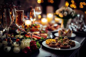 illustration of serving table of a variety of delicious festive food and wine prepared for event party or wedding. Selective focus photo