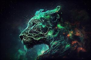 illustration of the celestial beast made of a magical malachite nebula, lurks in the dark, abstract hyper realism, surreal liquid oil and splattered ink photo