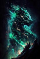 illustration of the celestial beast made of a magical malachite nebula, lurks in the dark, abstract hyper realism, surreal liquid oil and splattered ink photo