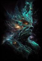 illustration of the celestial beast made of a magical malachite nebula, lurks in the dark, abstract hyper realism, surreal liquid oil and splattered ink photo