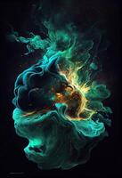 illustration of the celestial beast made of a magical malachite nebula, lurks in the dark, abstract hyper realism, surreal liquid oil and splattered ink photo