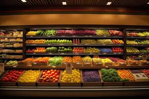 Generative AI illustration of fresh and colorful, fruit and vegetable section of the supermarket photo