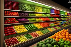 Generative AI illustration of fresh and colorful, fruit and vegetable section of the supermarket photo