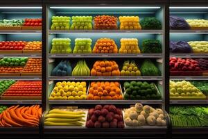 generativo ai ilustración de Fresco y vistoso, Fruta y vegetal sección de el supermercado foto