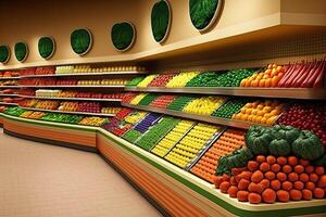 generativo ai ilustración de Fresco y vistoso, Fruta y vegetal sección de el supermercado foto