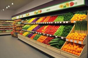 generativo ai ilustración de Fresco y vistoso, Fruta y vegetal sección de el supermercado foto