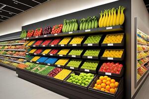 generativo ai ilustración de Fresco y vistoso, Fruta y vegetal sección de el supermercado foto