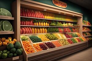 generativo ai ilustración de Fresco y vistoso, Fruta y vegetal sección de el supermercado foto