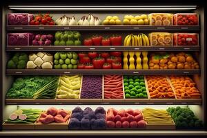 generativo ai ilustración de Fresco y vistoso, Fruta y vegetal sección de el supermercado foto