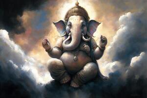 generativo ai ilustración de ganesha hindú Dios , con flores, petróleo pintura tomado arriba dentro cielo, sentado en frente de bokeh mandala antecedentes foto