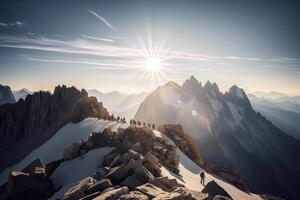 generativo ai ilustración de grupo de montañeros múltiple alto alpino escaladores en frente de un gigantesco montaña foto