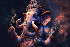 generativo ai ilustración de ganesha hindú Dios , con flores, petróleo pintura tomado arriba dentro cielo, sentado en frente de bokeh mandala antecedentes foto