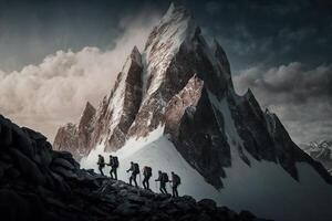 illustration of group of mountaineers. Multiple high alpine climbers in front of a gigantic mountain photo