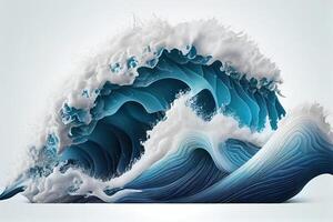 generativo ai ilustración de azul Oceano olas con blanco espuma, sólido blanco antecedentes foto