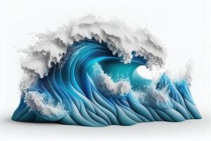 generativo ai ilustración de azul Oceano olas con blanco espuma, sólido blanco antecedentes foto