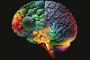 illustration of human brain made of fruits and vegetables. Concept of nutritious foods for brain health and memory photo