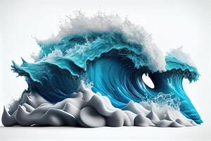 generativo ai ilustración de azul Oceano olas con blanco espuma, sólido blanco antecedentes foto