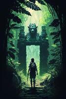 illustration of Mayan gate in the forest. An adventurer in a green tropical rainforest discovering a secret passage. Explorer walking through a secret gate photo