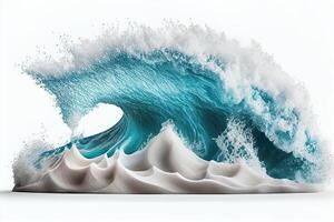 Generative AI illustration of blue ocean waves with white foam, solid white background photo