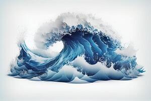 generativo ai ilustración de azul Oceano olas con blanco espuma, sólido blanco antecedentes foto