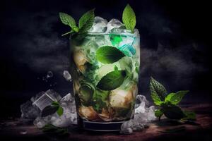 generativo ai ilustración de mojito cóctel con hielo y menta, Perfecto para verano foto