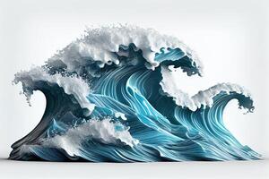 generativo ai ilustración de azul Oceano olas con blanco espuma, sólido blanco antecedentes foto