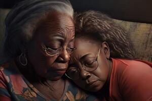 illustration of African American great grandmother consoling teen girl, sofa, laying in lap photo