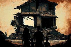 illustration of a family standing in front of collapse buildings area, natural disaster or war victim photo