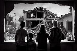 Generative AI illustration of a family standing in front of collapse buildings area, natural disaster or war victim photo