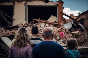 generativo ai ilustración de un familia en pie en frente de colapso edificios área, natural desastre o guerra víctima foto