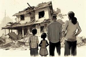 illustration of a family standing in front of collapse buildings area, natural disaster or war victim photo