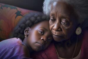 generativo ai ilustración de africano americano genial abuela consolando adolescente chica, sofá, tendido en regazo foto