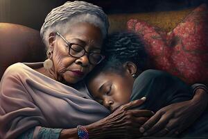 generativo ai ilustración de africano americano genial abuela consolando adolescente chica, sofá, tendido en regazo foto