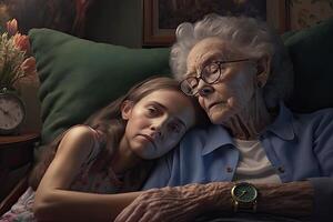 generativo ai ilustración de americano genial abuela consolando adolescente chica, sofá, tendido en regazo foto