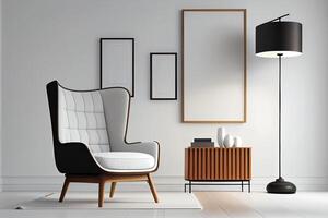 illustration of armchair, coffee table, wood panel, floor lamp, and blank wall in modern minimalist room. Mock up for an illustration. photo