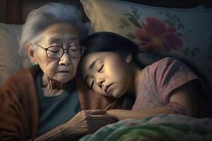 illustration of Asian great grandmother consoling teen girl, sofa, laying in lap photo