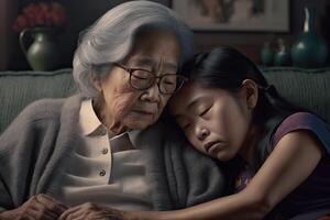 generativo ai ilustración de asiático genial abuela consolando adolescente chica, sofá, tendido en regazo foto