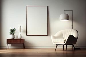 generativo ai ilustración de sillón, café mesa, madera panel, piso lámpara, y blanco pared en moderno minimalista habitación. burlarse de arriba para un ilustración. foto