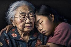 generativo ai ilustración de asiático genial abuela consolando adolescente chica, sofá, tendido en regazo foto