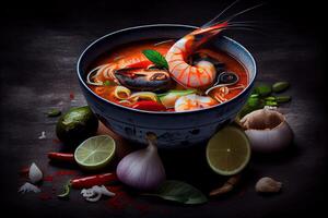 illustration of appetizing bowl of Tom Yum soup, spicy Thai soup with shrimp, seafood, coconut milk and chili pepper in bowl copy space photo