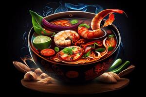 illustration of appetizing bowl of Tom Yum soup, spicy Thai soup with shrimp, seafood, coconut milk and chili pepper in bowl copy space photo