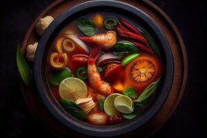 illustration of appetizing bowl of Tom Yum soup, spicy Thai soup with shrimp, seafood, coconut milk and chili pepper in bowl copy space photo