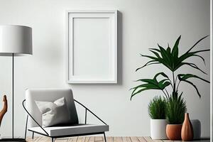 illustration of vertical blank picture frame mockup, frame on the wall, nature decoration, mid century living room. Mock up for an illustration. photo
