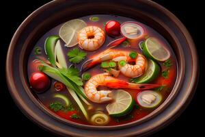 illustration of appetizing bowl of Tom Yum soup, spicy Thai soup with shrimp, seafood, coconut milk and chili pepper in bowl copy space photo