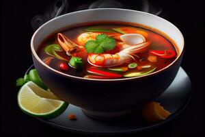 illustration of appetizing bowl of Tom Yum soup, spicy Thai soup with shrimp, seafood, coconut milk and chili pepper in bowl copy space photo