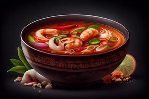 illustration of appetizing bowl of Tom Yum soup, spicy Thai soup with shrimp, seafood, coconut milk and chili pepper in bowl copy space photo