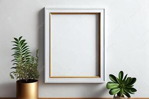 illustration of vertical blank picture frame mockup, frame on the wall, nature decoration, mid century living room. Mock up for an illustration. photo